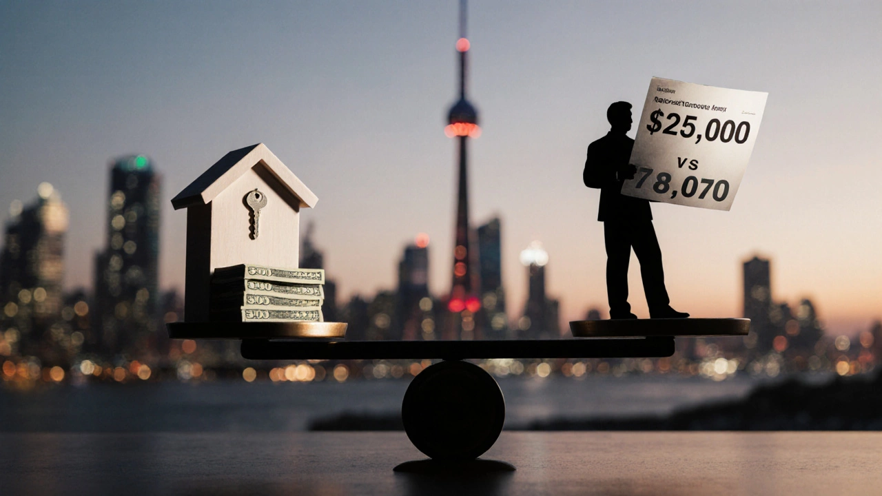 Balance scale with house key and cash, contrasting credit scores casting long shadows over a city skyline.