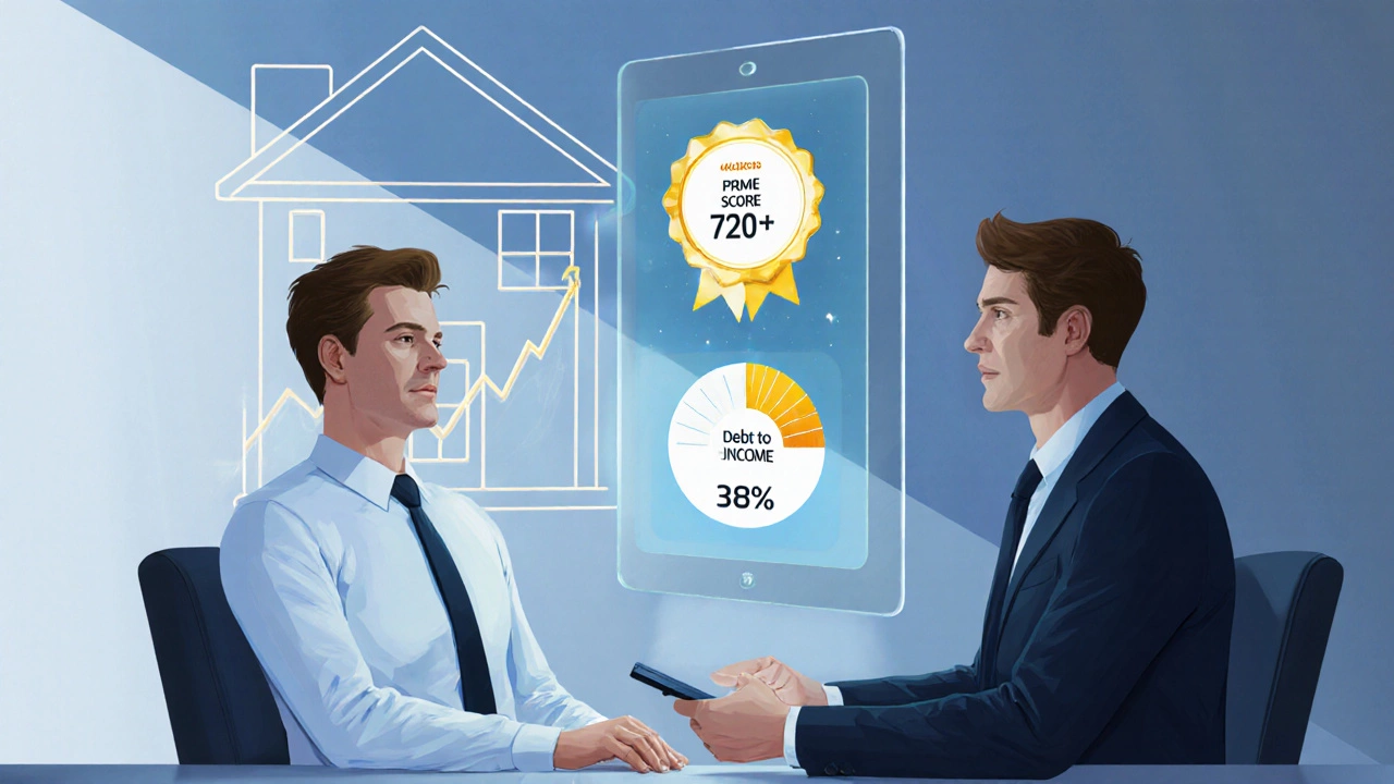 Bank meeting with holographic tablet showing prime rate, credit score, and DTI gauge.