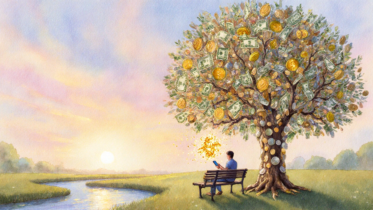 Coin‑shaped maple tree with person holding a phone, symbolising growing savings.