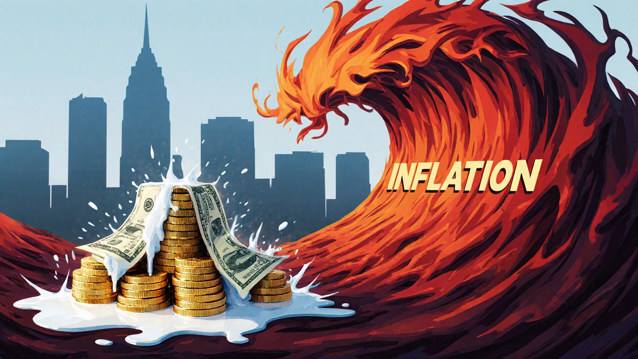 Coins and bills melting under a red-orange wave representing inflation.