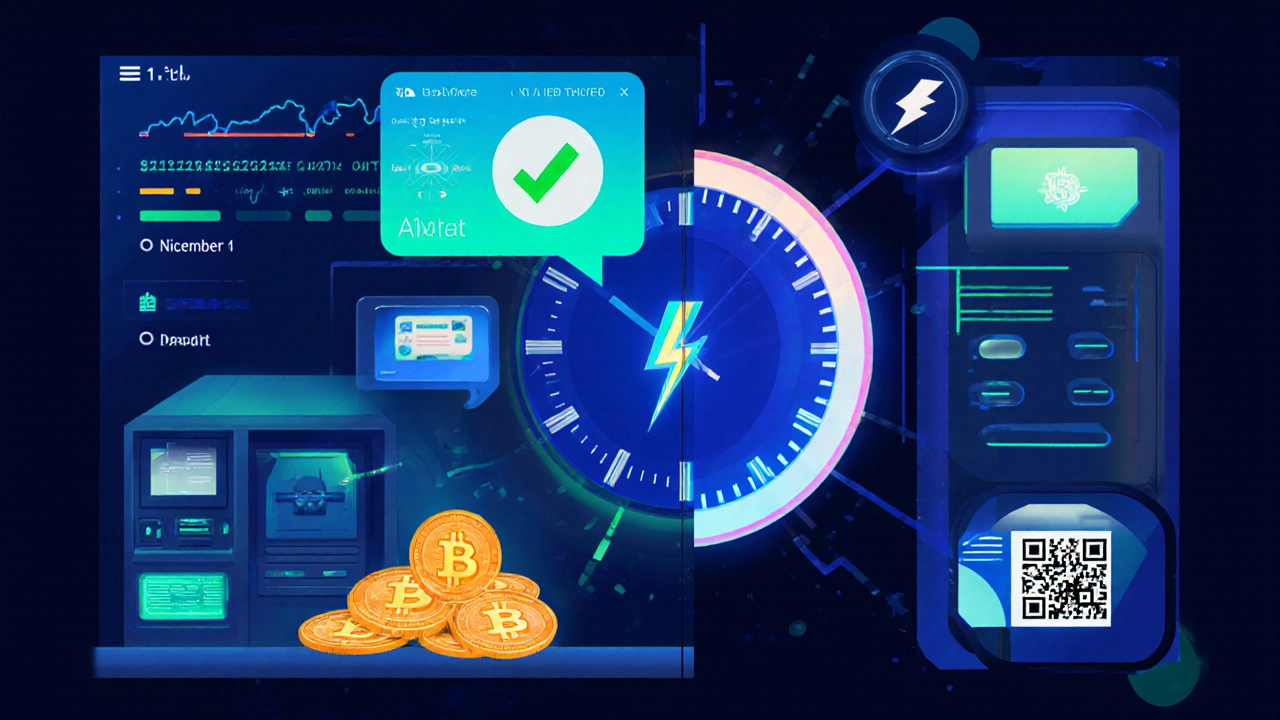 Collage of fast Bitcoin cash‑out methods with a clock, showing speed and choice.