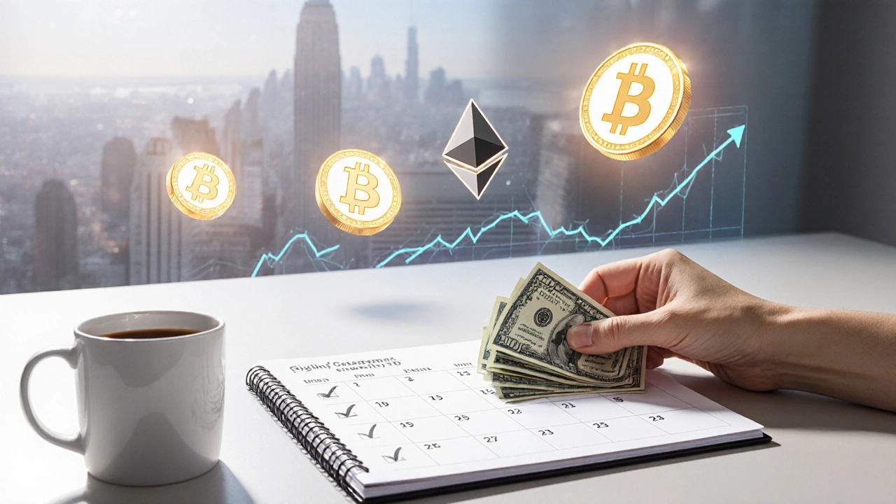 Desk with glowing Bitcoin and Ethereum coins and a hand adding weekly cash to a planner.