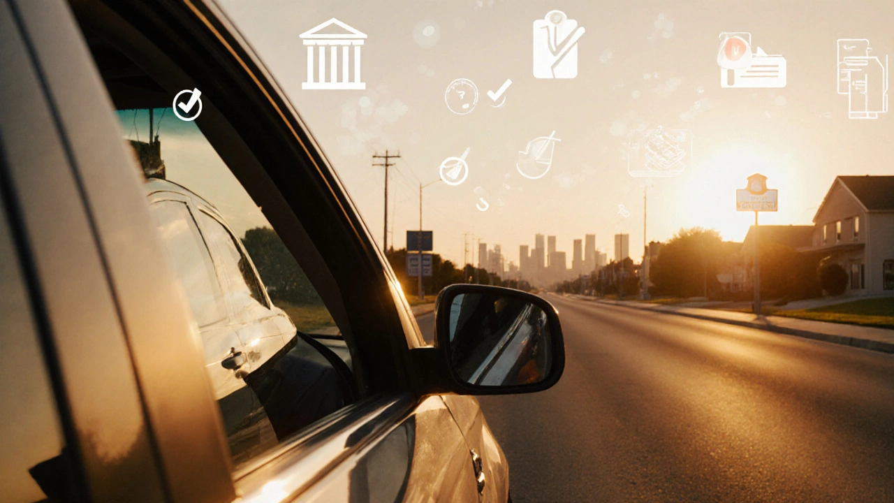 Driver exits new car at sunset, surrounded by floating checkmarks and distant silhouettes of financing sources.