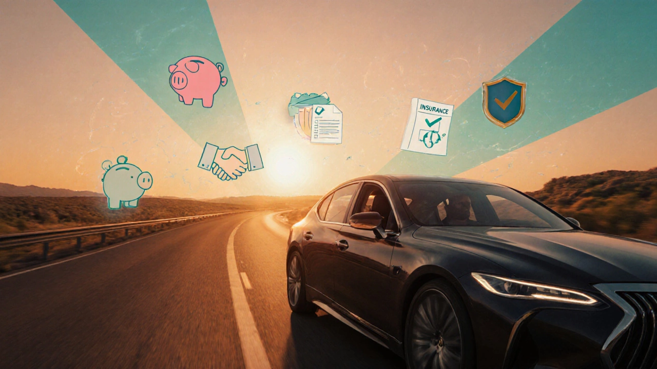 Driver in a car on a sunrise highway surrounded by icons for savings, co‑signer, and insurance.