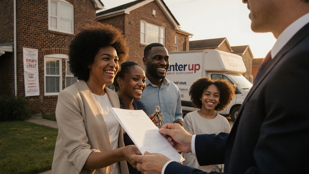 Family receiving keys and signed documents after completing a remortgage.