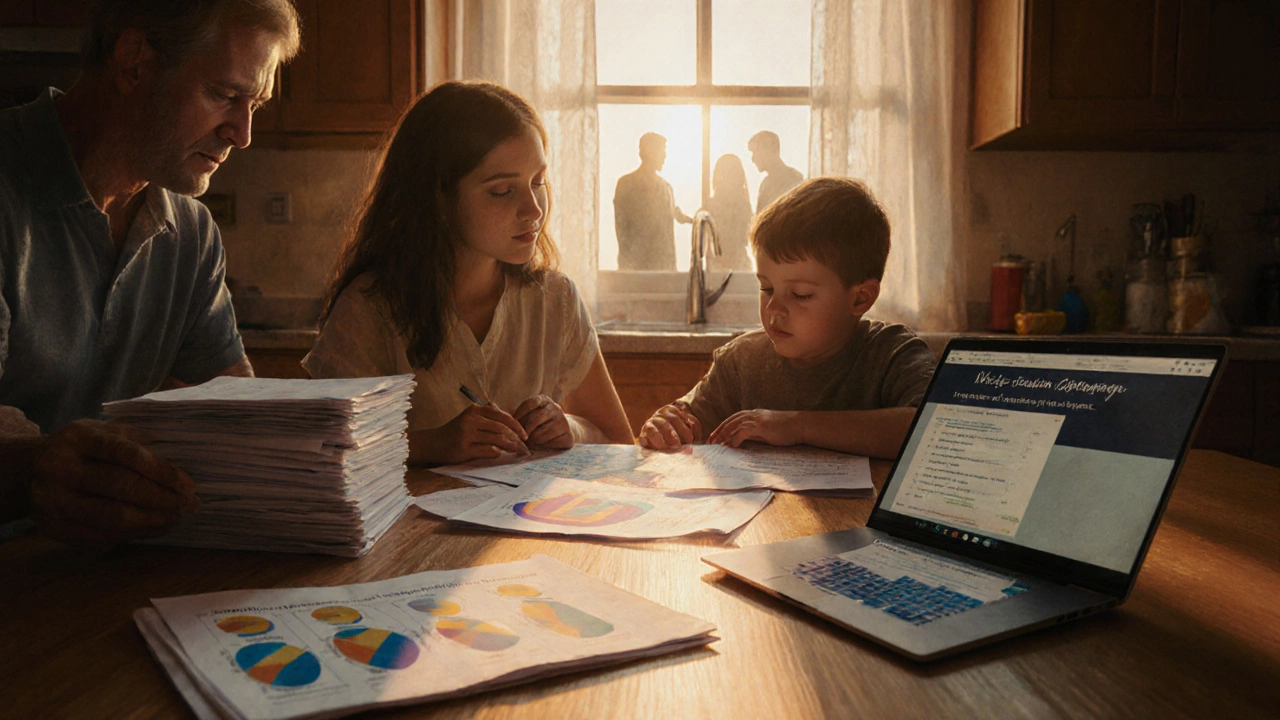Family reviewing home insurance policies together at a kitchen table in warm evening light.