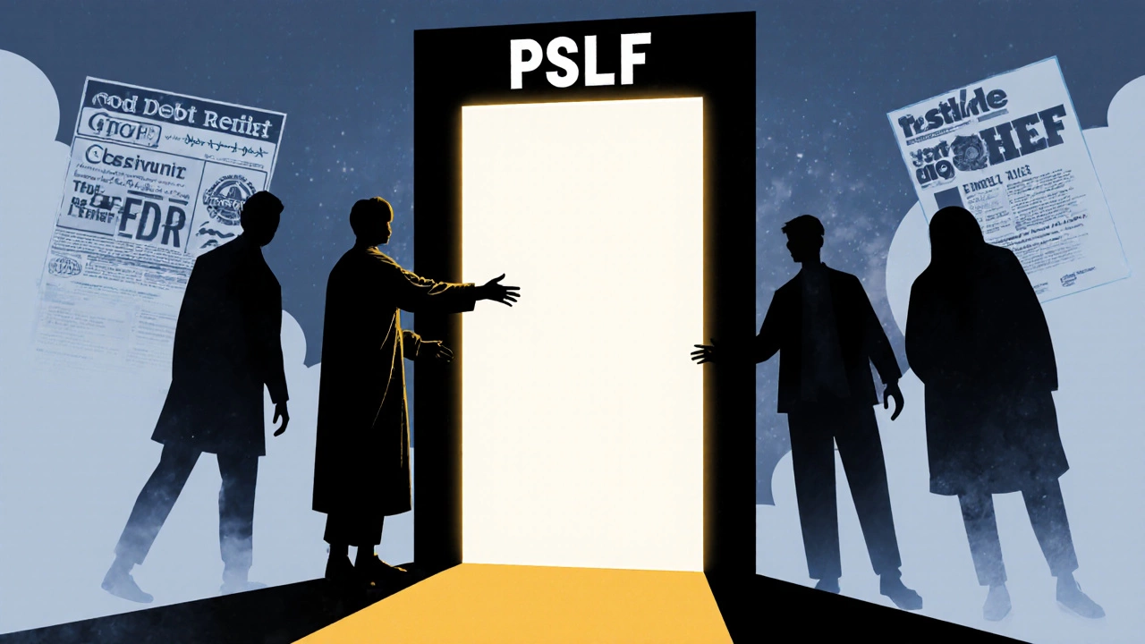 Figure reaching toward legitimate debt relief programs while scam ads loom in shadows.