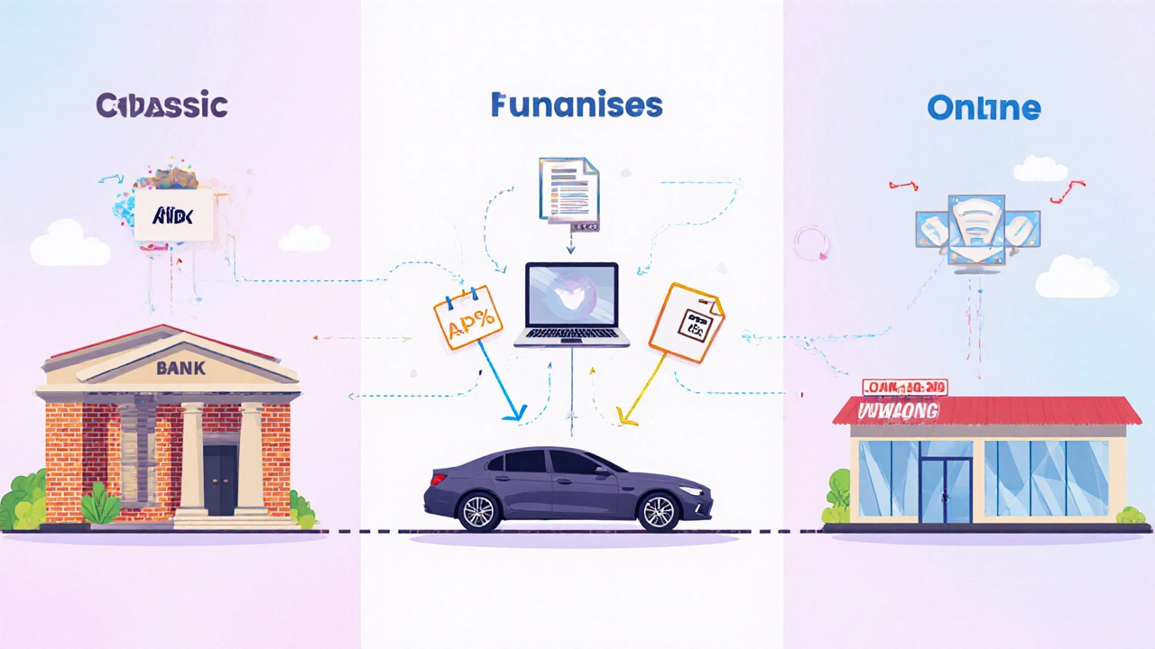Flat illustration comparing bank, credit union, online lender, and dealership financing linked to a car with APR and fee icons.