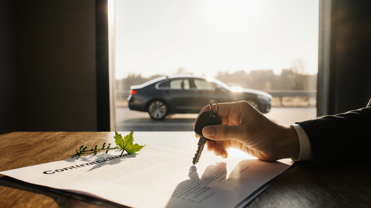 Hand placing car key on a contract with sunlight, symbolizing a successful low‑rate loan.