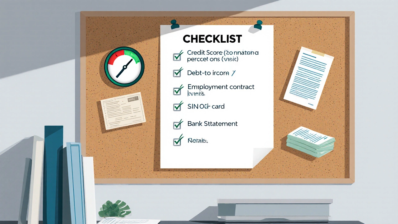 Home office corkboard with checklist icons for credit score, debt ratio, employment, SIN, and statements.