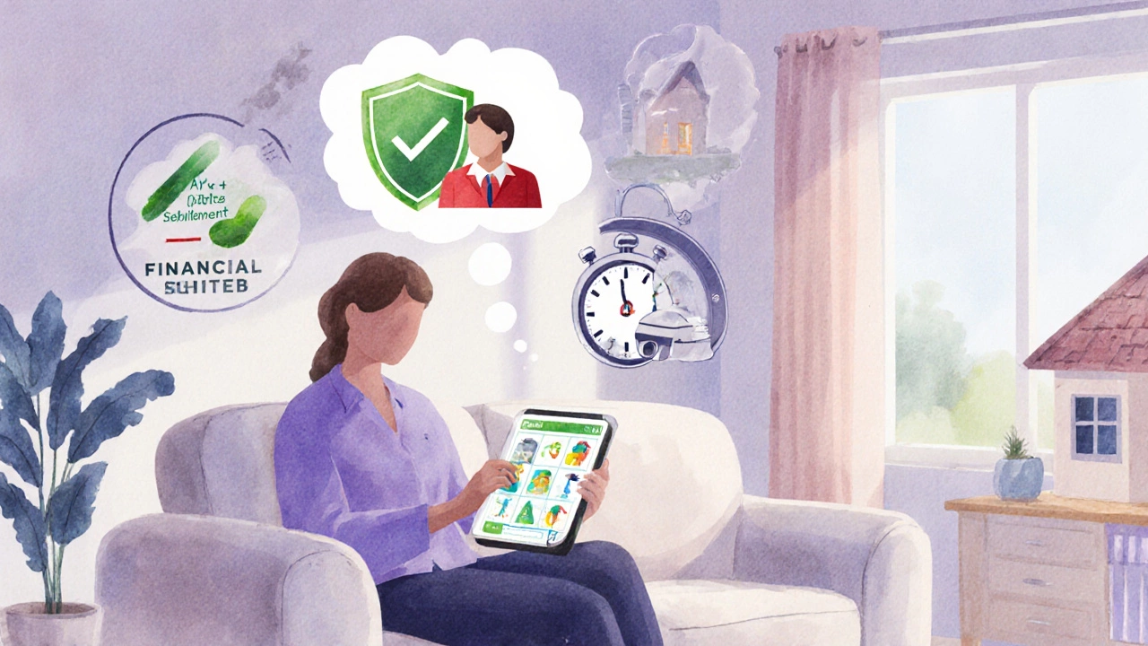 Homeowner filing an insurance claim on a tablet, surrounded by symbols for financial strength and fast claims.