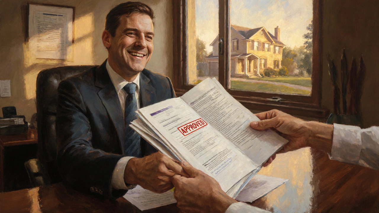 Homeowner gives organized loan documents to a bank officer with a house visible behind.