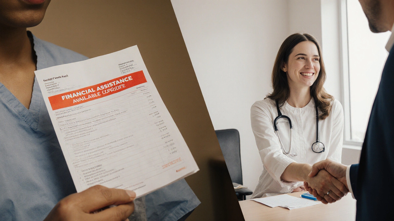 Hospital patient receiving guidance from credit counselor about financial assistance options.