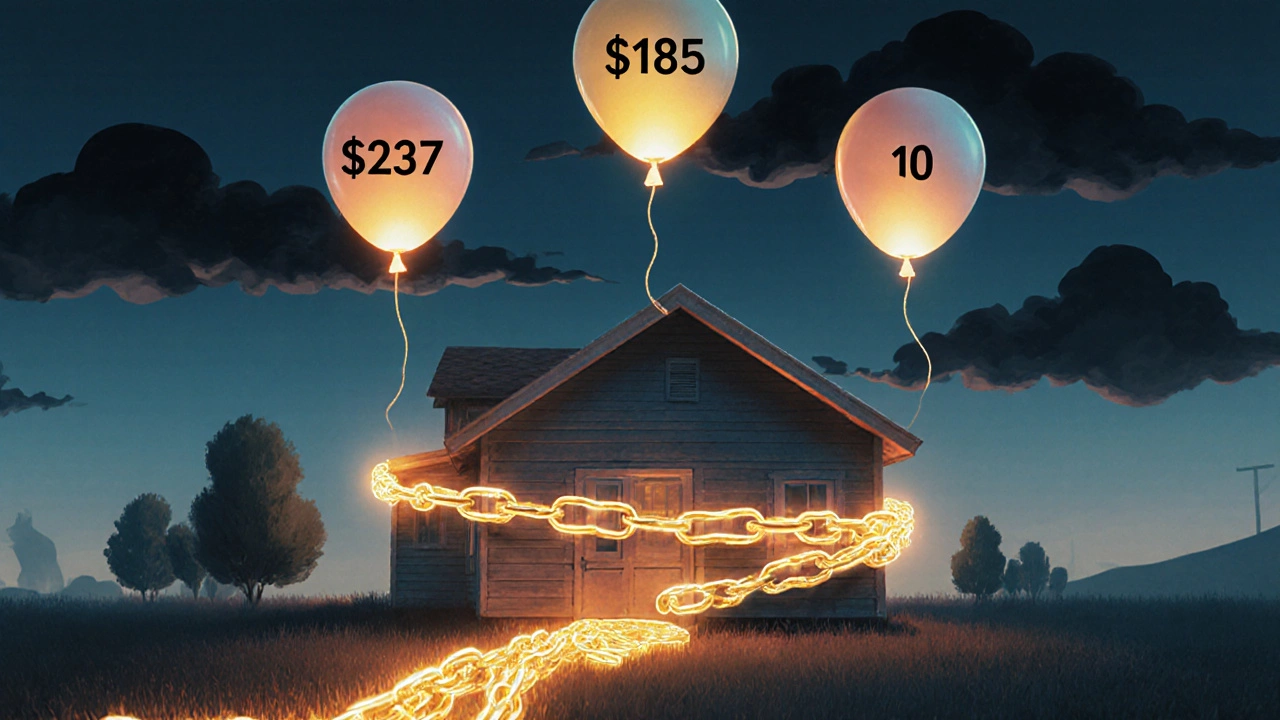 House with golden chain collateral and floating monthly payment amounts tied to different loan terms.