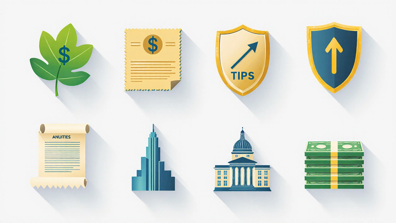 Illustrated set of icons for dividend stocks, bonds, TIPS, REITs, annuities, municipal bonds, and cash equivalents.