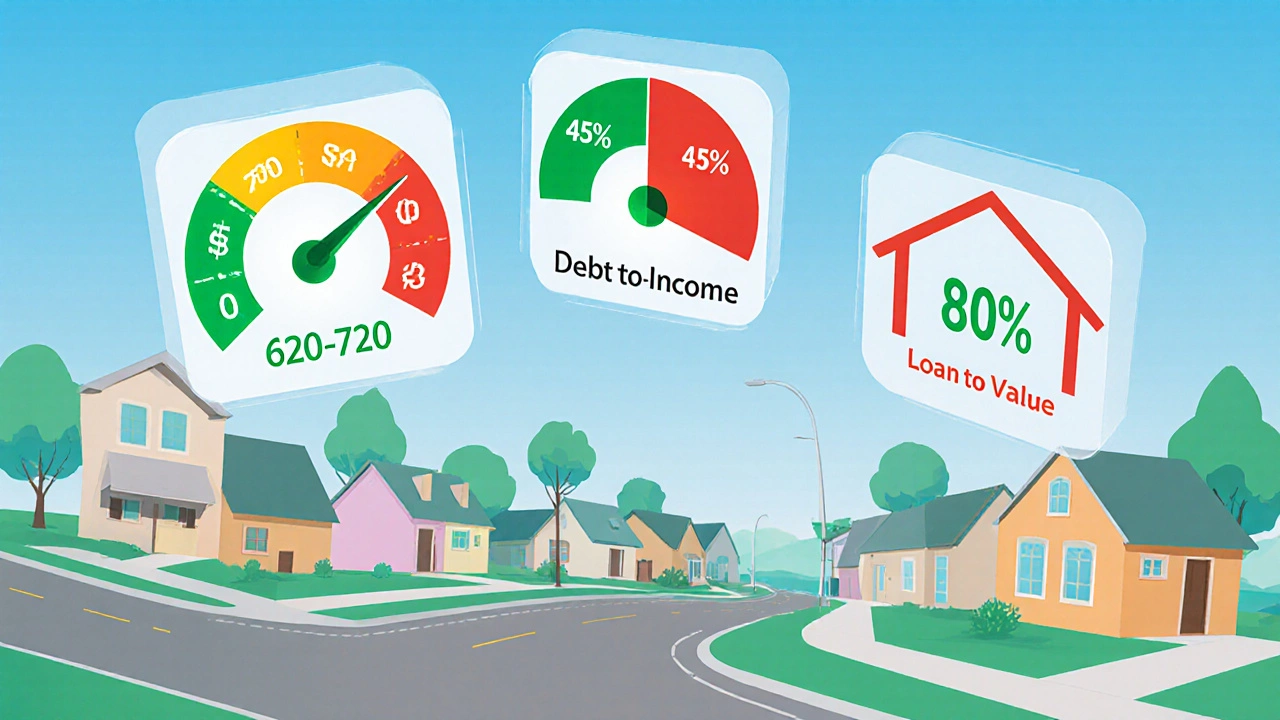 Illustration of credit score, DTI, and LTV gauges floating over a suburban street.