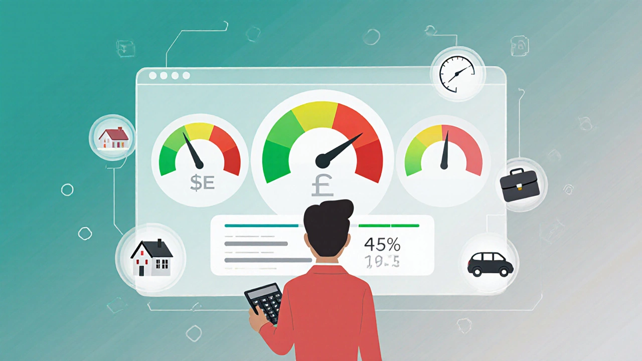 Individual assessing credit score, DTI ratio, and employment stability on a digital screen.