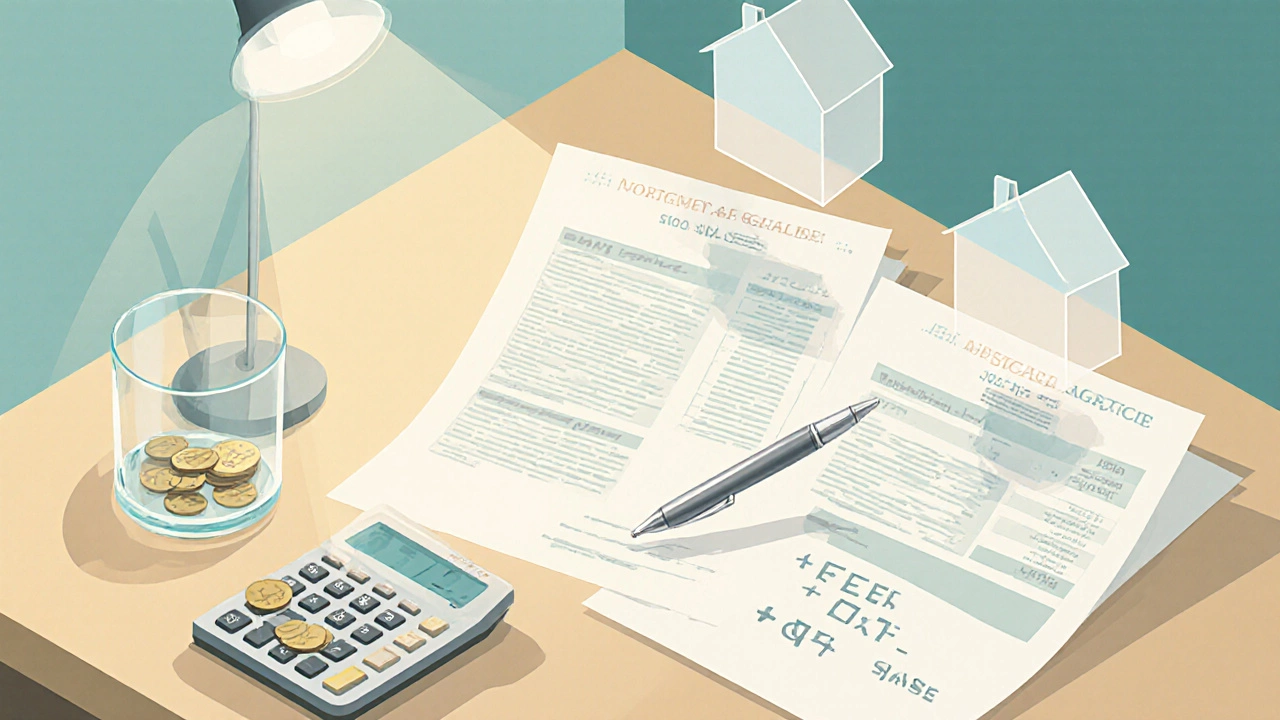 Isometric desk with three mortgage quotes, pen, and calculator showing cost analysis.
