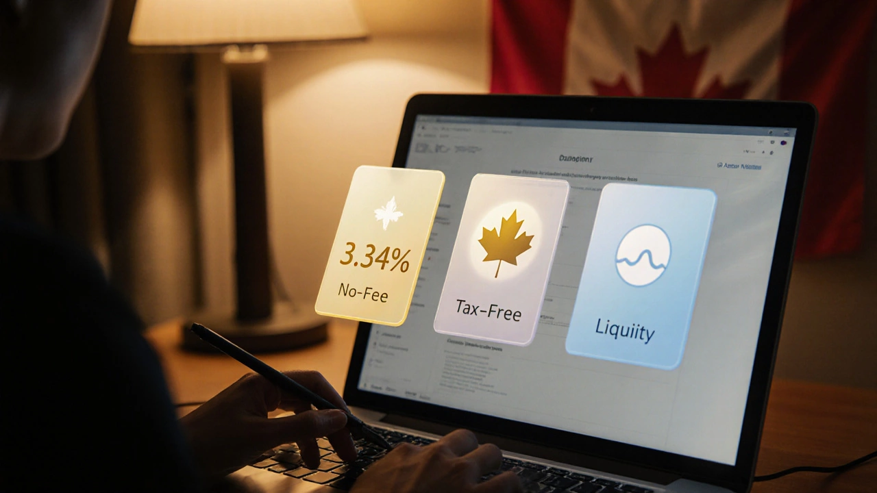 Person reviewing floating panels of interest, tax‑free, and liquidity options on a laptop.