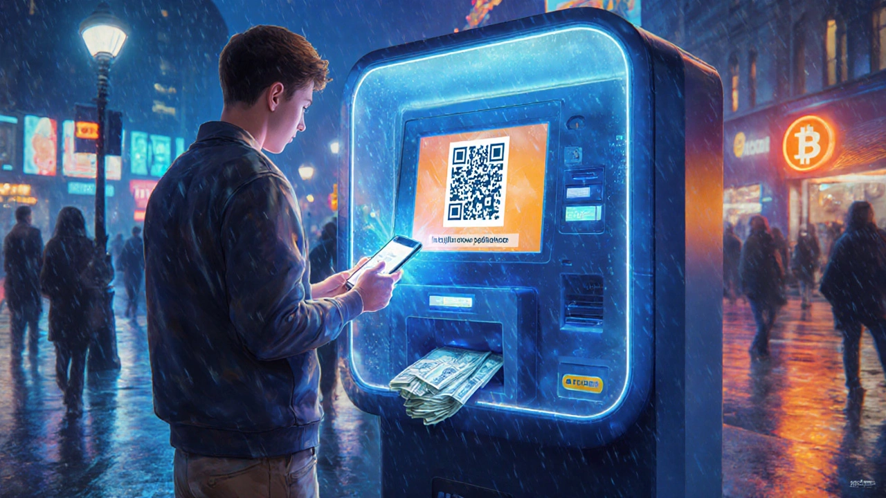 Person scanning QR code at a Bitcoin ATM, cash dispensing from the machine.