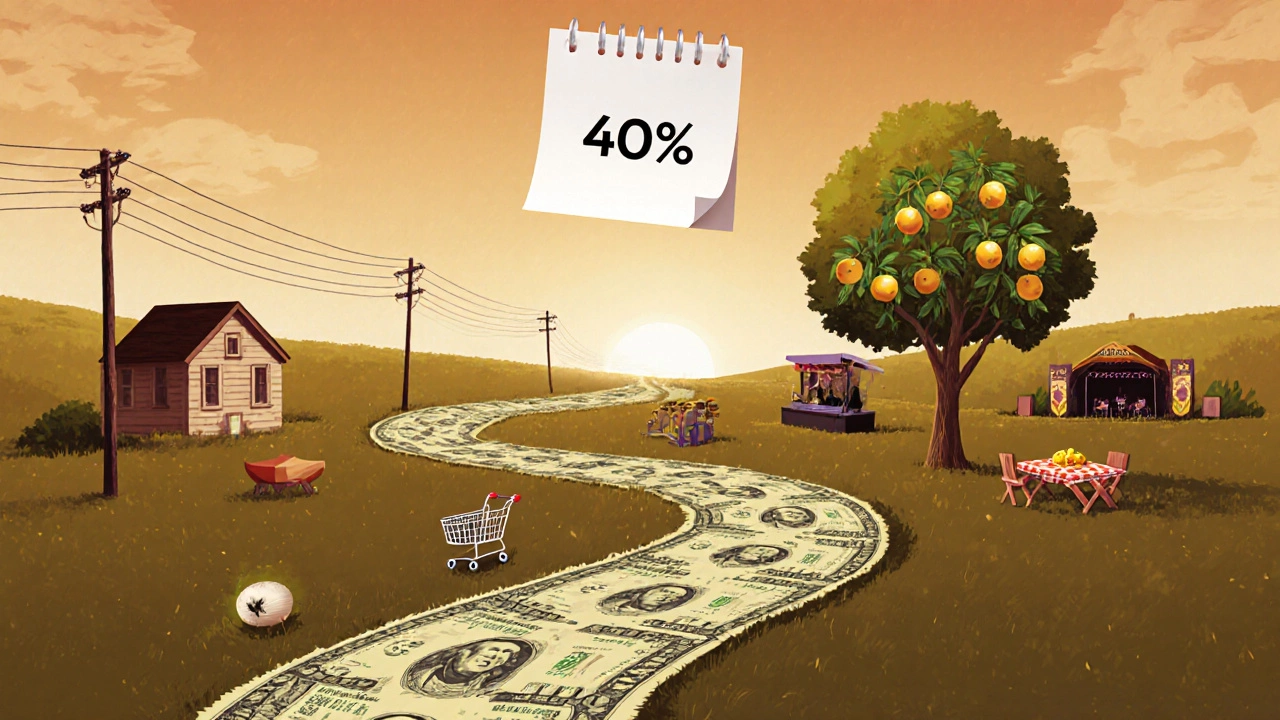 Road of money dividing into essential and discretionary paths, with a calendar overlay for monthly review.