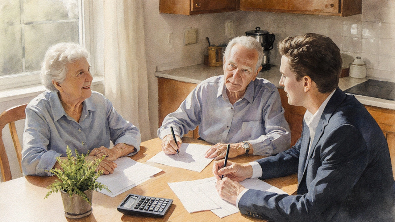 Senior couple reviewing documents with a financial advisor at a kitchen table.