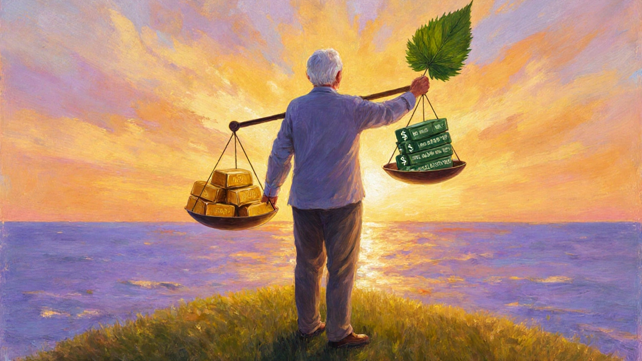 Senior walking on a hill at sunset holding a balance scale symbolizing a stable retirement portfolio.