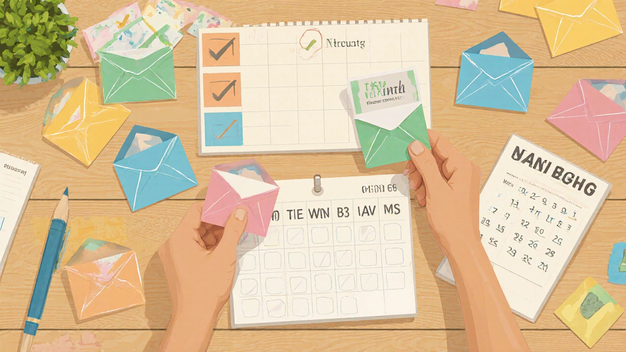 Someone organizes labeled envelopes and a calendar, illustrating flexible budgeting methods.
