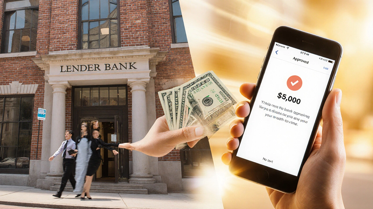 Split view of a bank teller and a smartphone showing loan approval, with a hand holding ,000 cash.