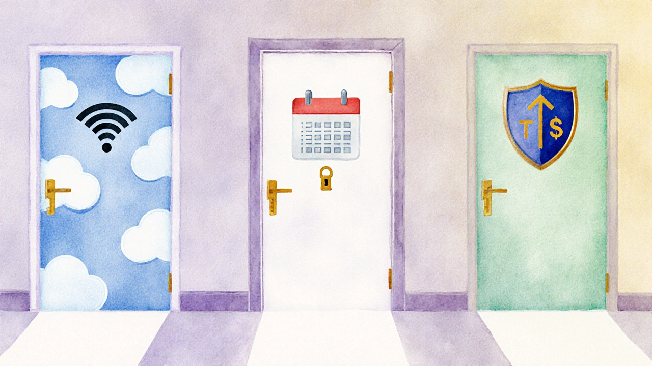 Three doors in a hallway symbolizing high‑yield savings, CD, and TIPS.