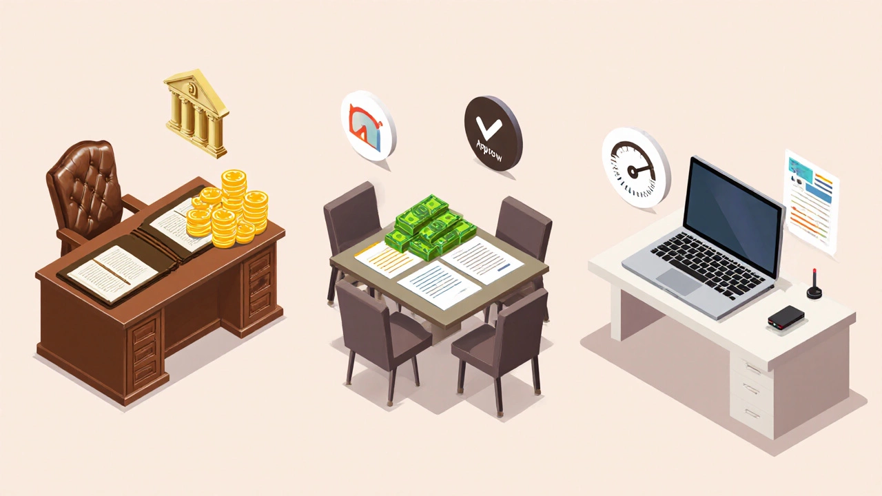 Three financing options shown as a bank desk, credit union table, and laptop with cash piles.