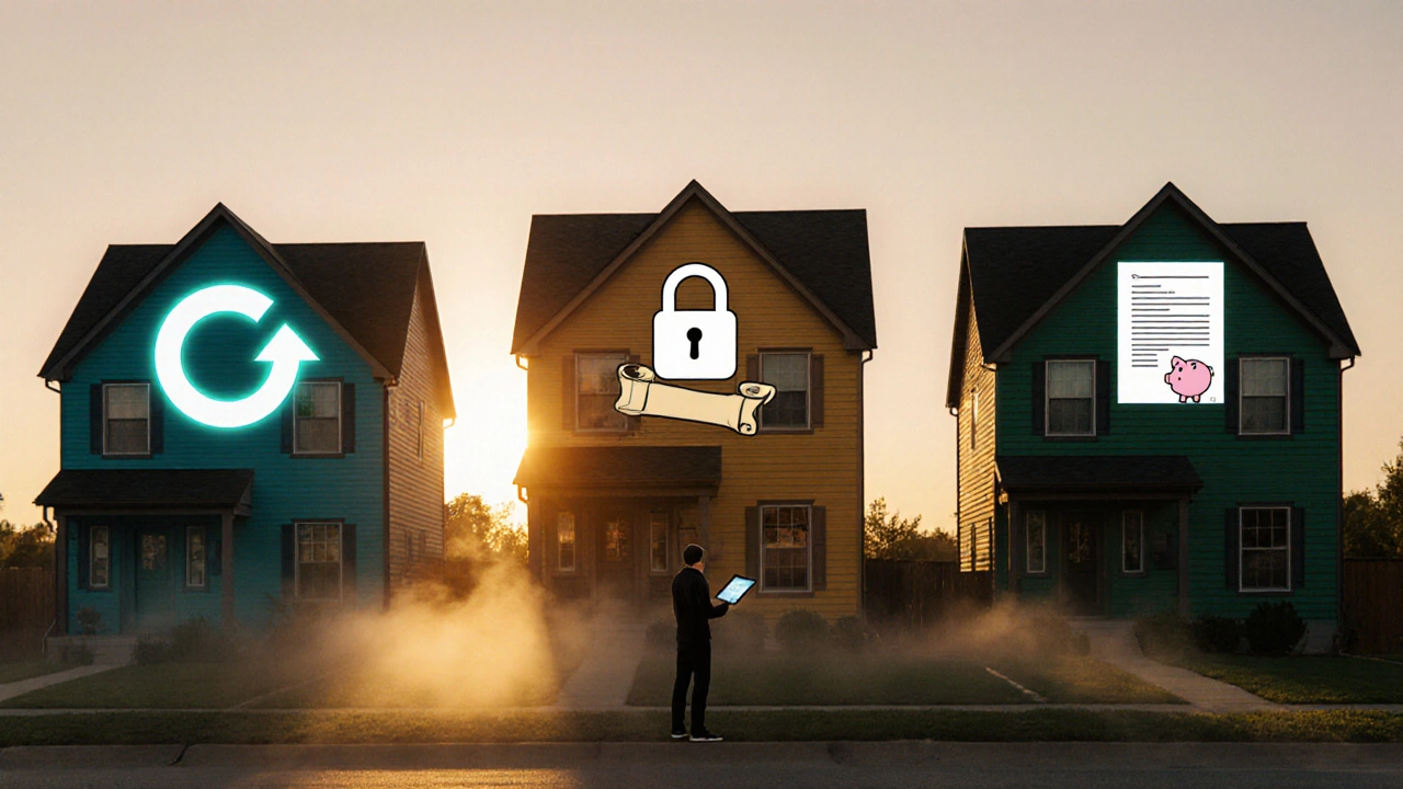 Three houses side‑by‑side illustrating HELOC, home‑equity loan, and cash‑out refinance options.