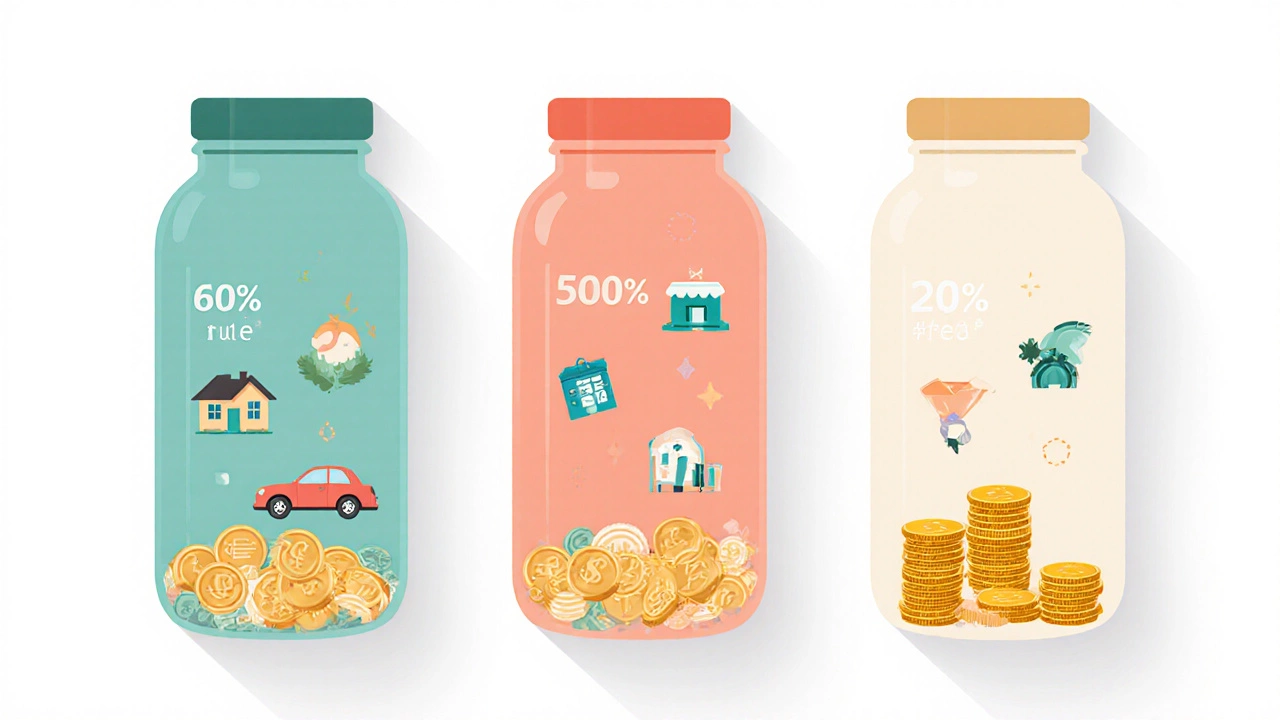 Three jars filled with coins and icons representing different budgeting rules side by side.