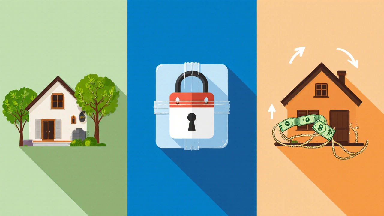 Three-panel illustration comparing reverse mortgage, home equity loan, and HELOC with symbolic icons.