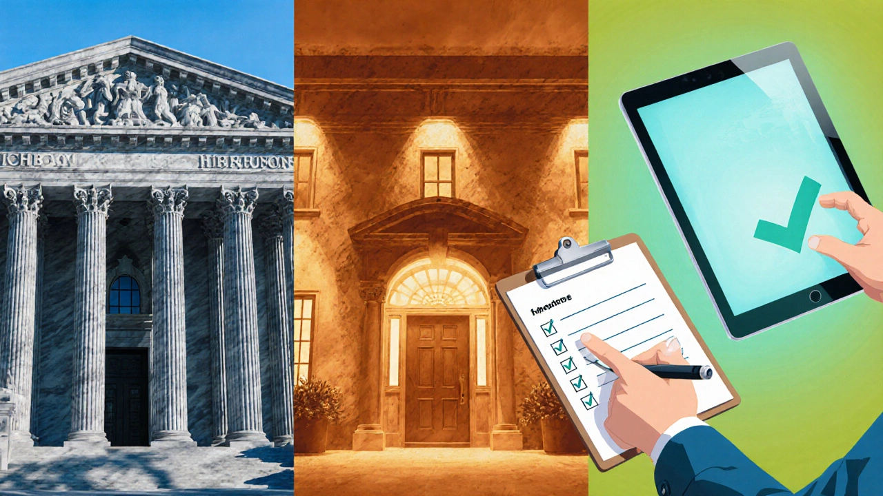 Three panels showing a bank, credit union, and online lender with a person comparing options.