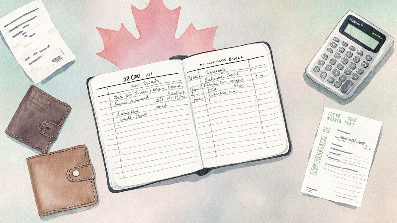 Watercolor office with ledger, hardware wallet, calculator and subtle Canadian hint.