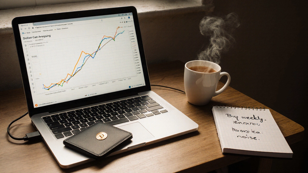 A calm individual using a hardware wallet and tracking Bitcoin investments with a spreadsheet.