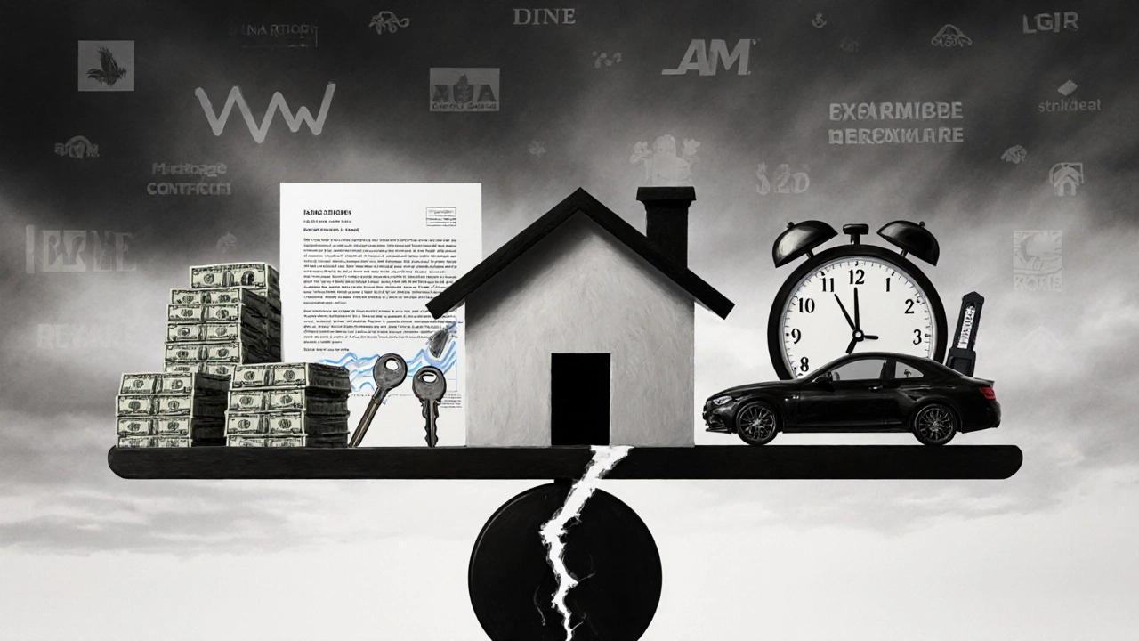 A house balanced on a scale, weighed down by cash and debt symbols against a cloudy sky.