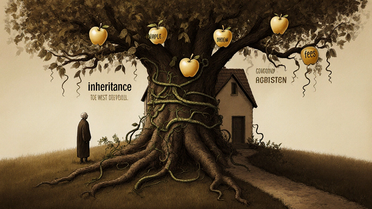 A house-shaped tree with golden inheritance apples on one side and debt vines choking the other.