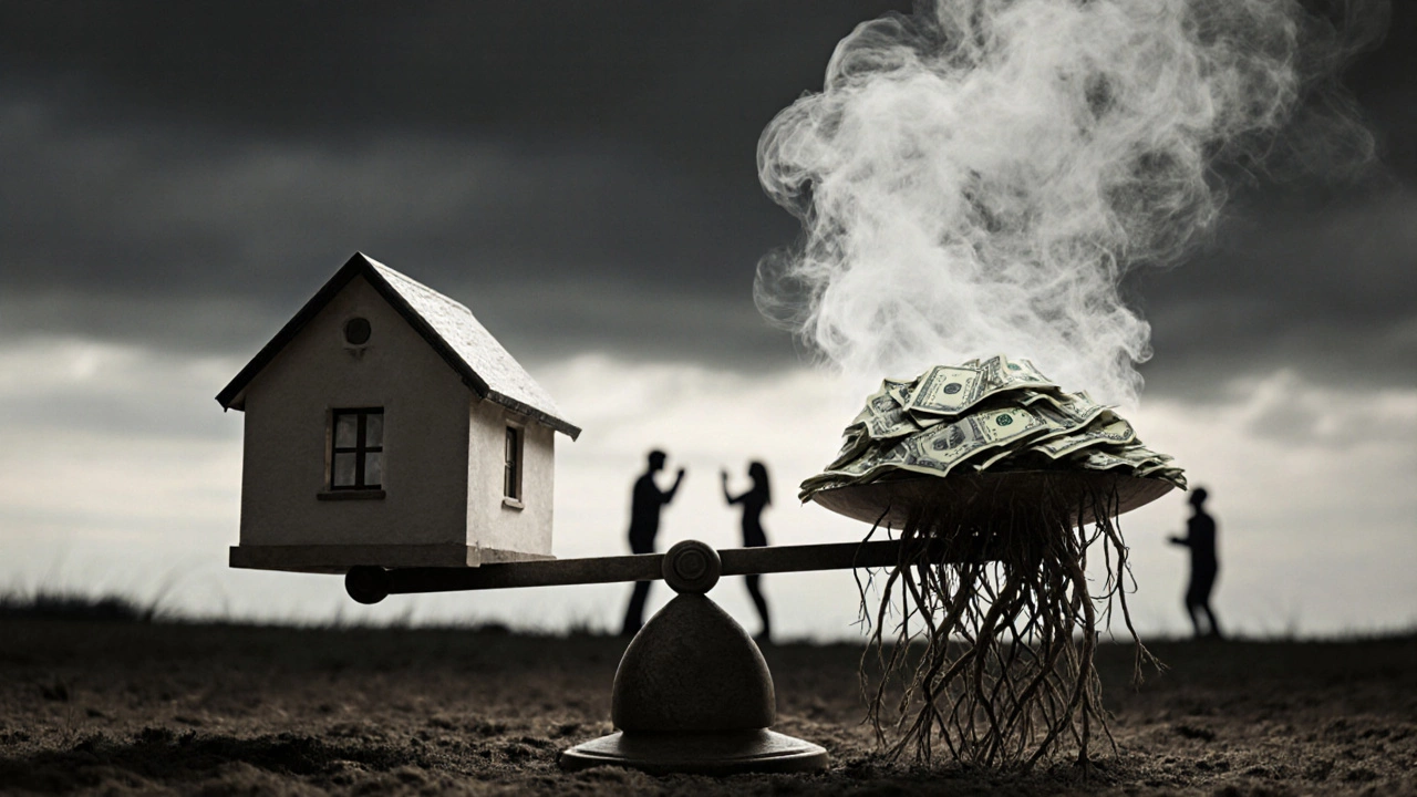 A scale balancing a house against disappearing cash, while family members argue in the background.
