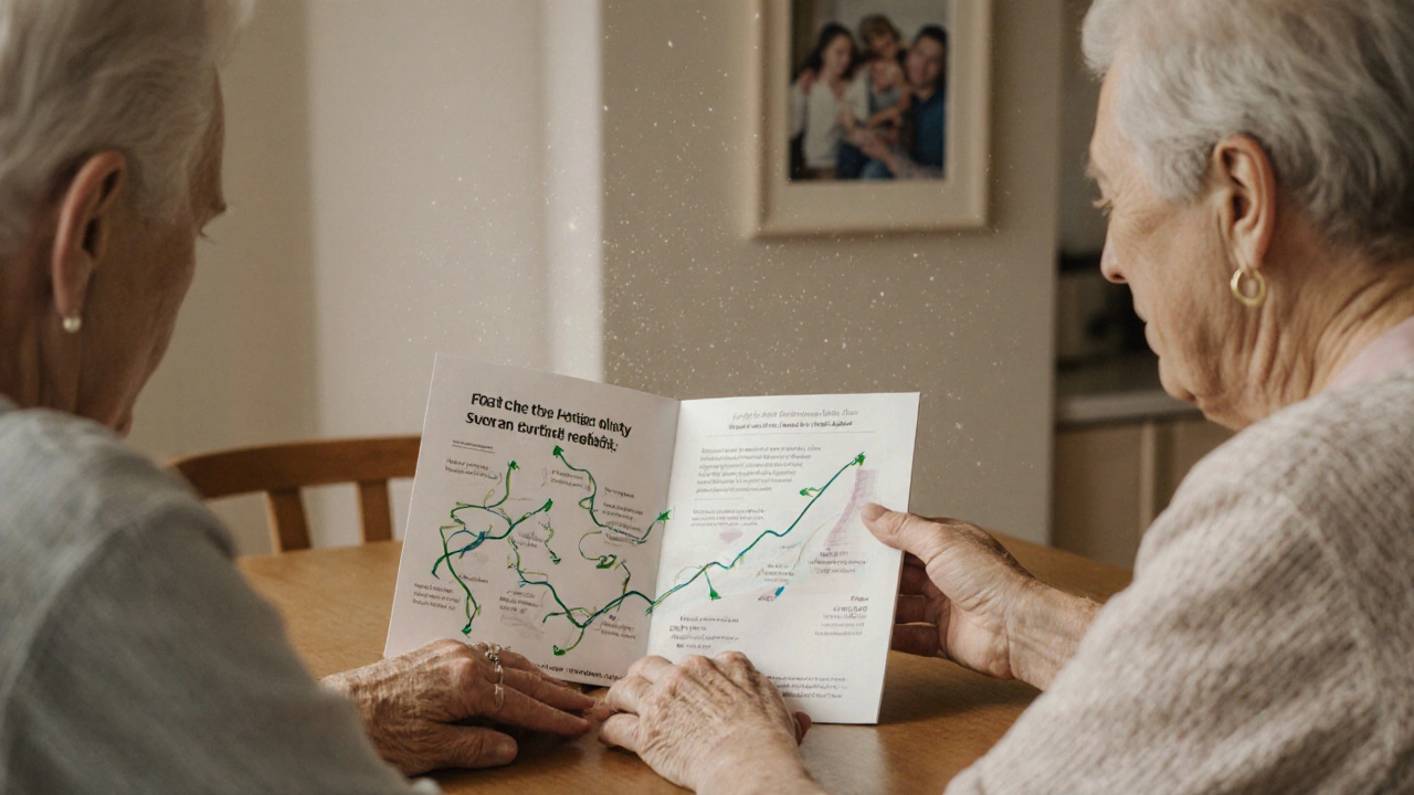 An elderly couple at their kitchen table with a reverse mortgage brochure and spiraling interest arrows.