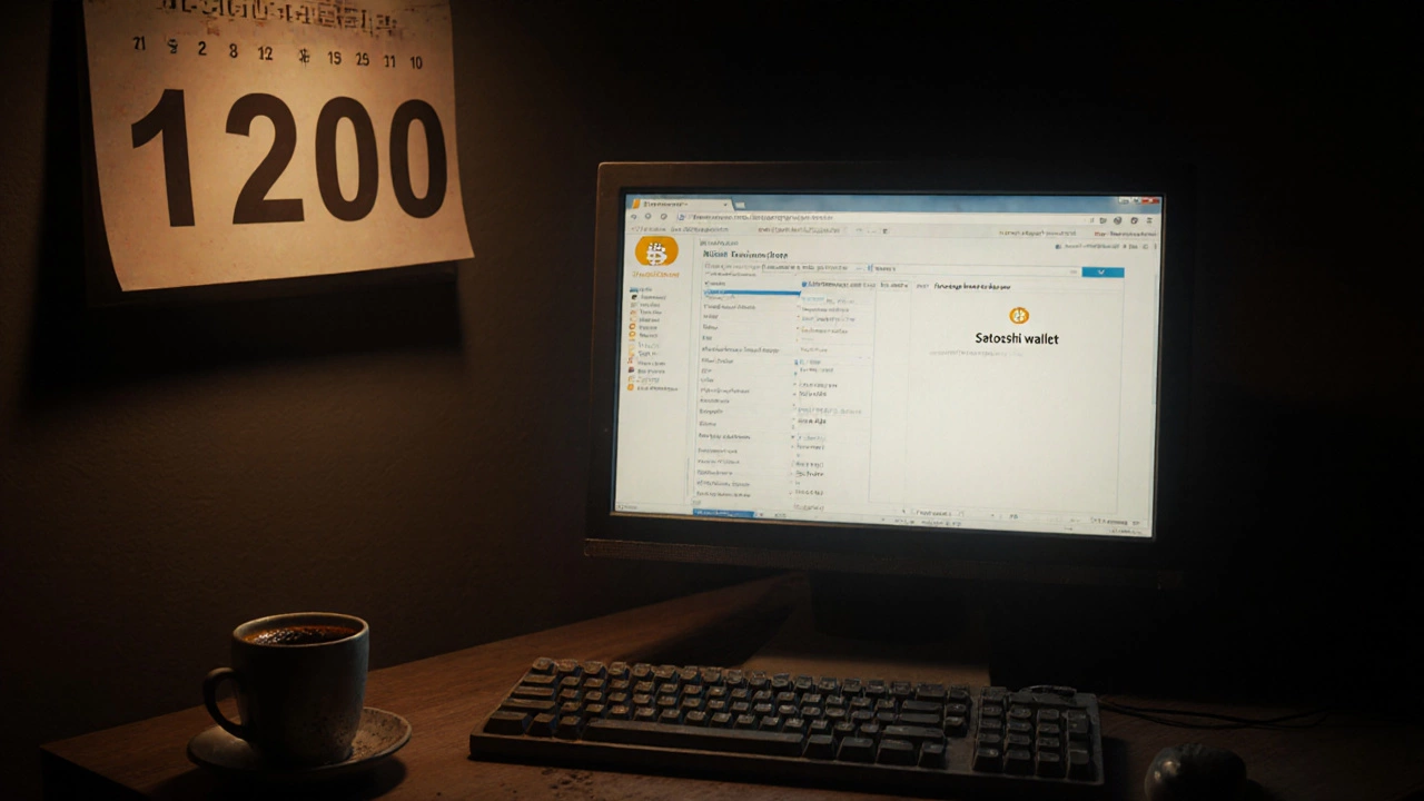 An old computer displays the untouched Satoshi wallet in a quiet, dusty room.