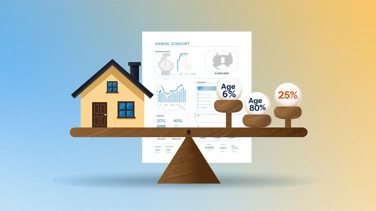Balance scale comparing home value to borrowing percentages based on age and health factors.
