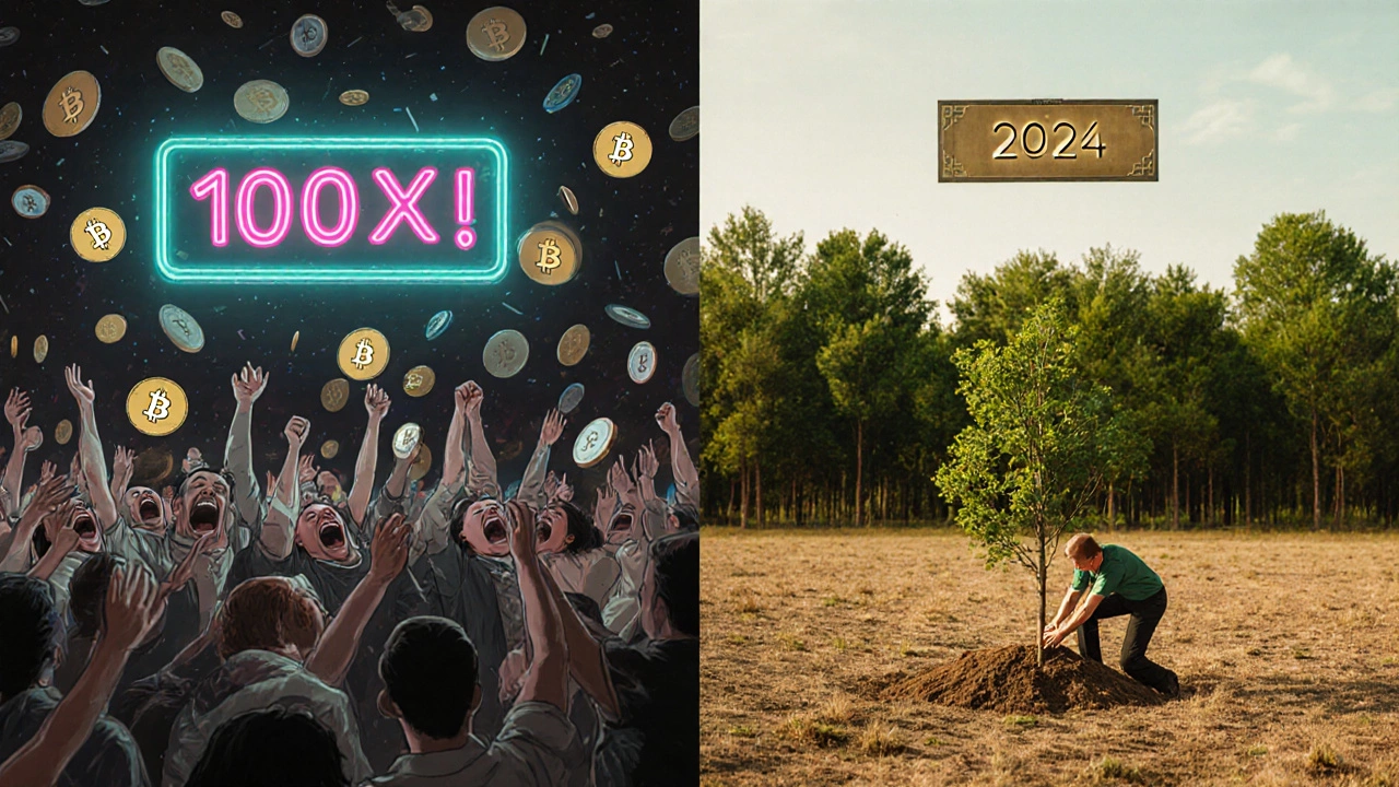 Chaotic crowd chasing crypto gains versus one person quietly building long-term wealth.