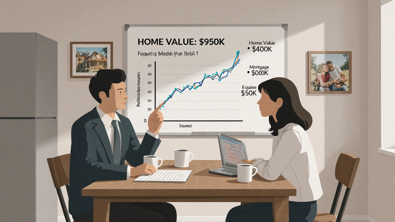 Financial advisor explaining home equity growth to a couple at their kitchen table.