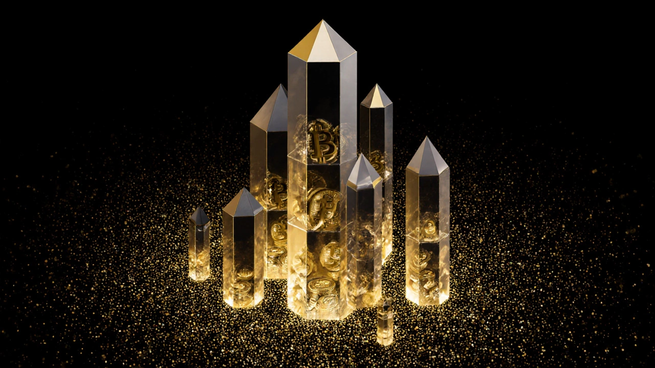 Massive crystal wallets tower over tiny dots representing retail Bitcoin holders.