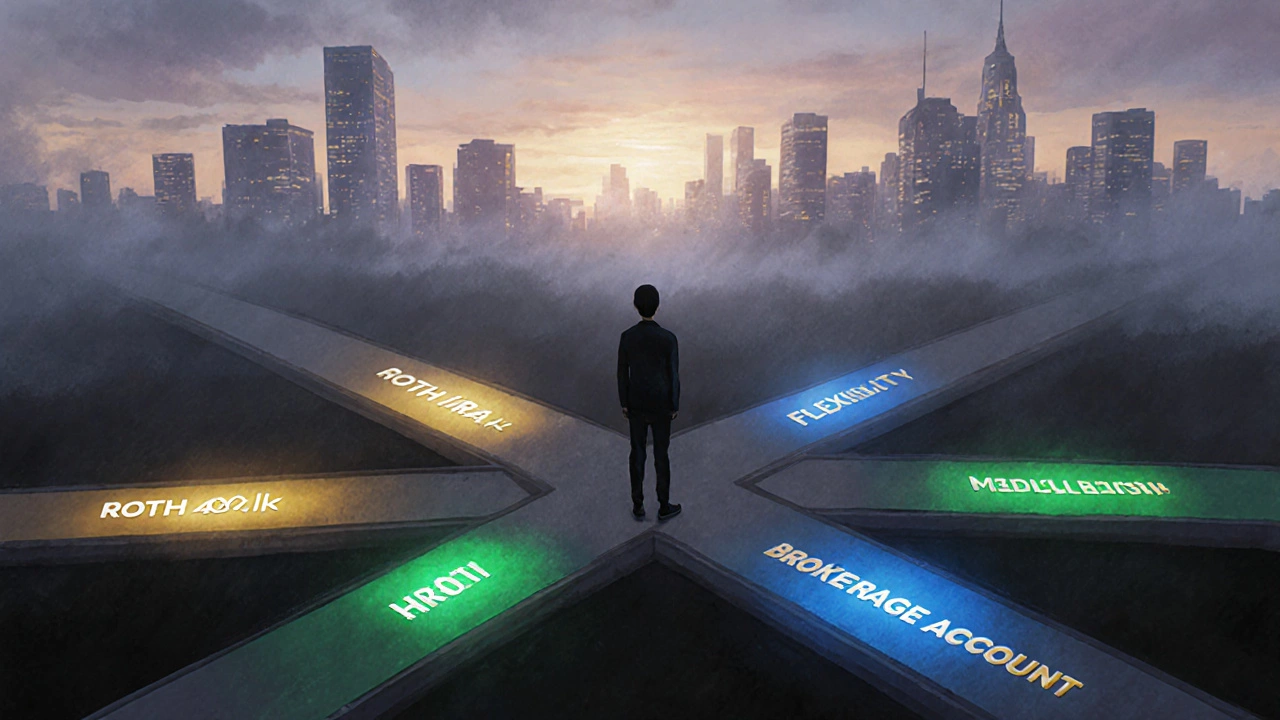 Person choosing between four financial paths labeled with US tax-advantaged accounts.