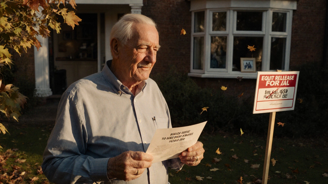 Senior man holding a key and equity letter in his garden, looking thoughtfully at his home.