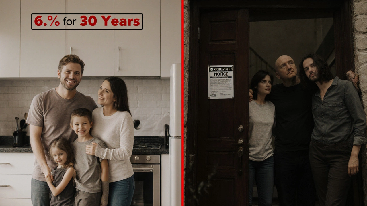 Split image of a family enjoying a kitchen renovation versus later standing outside their foreclosed home.