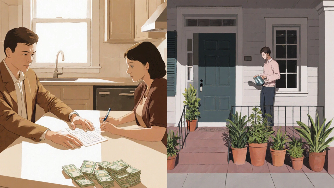 Split scene of homeowner signing sell-and-rent-back deal then living as tenant